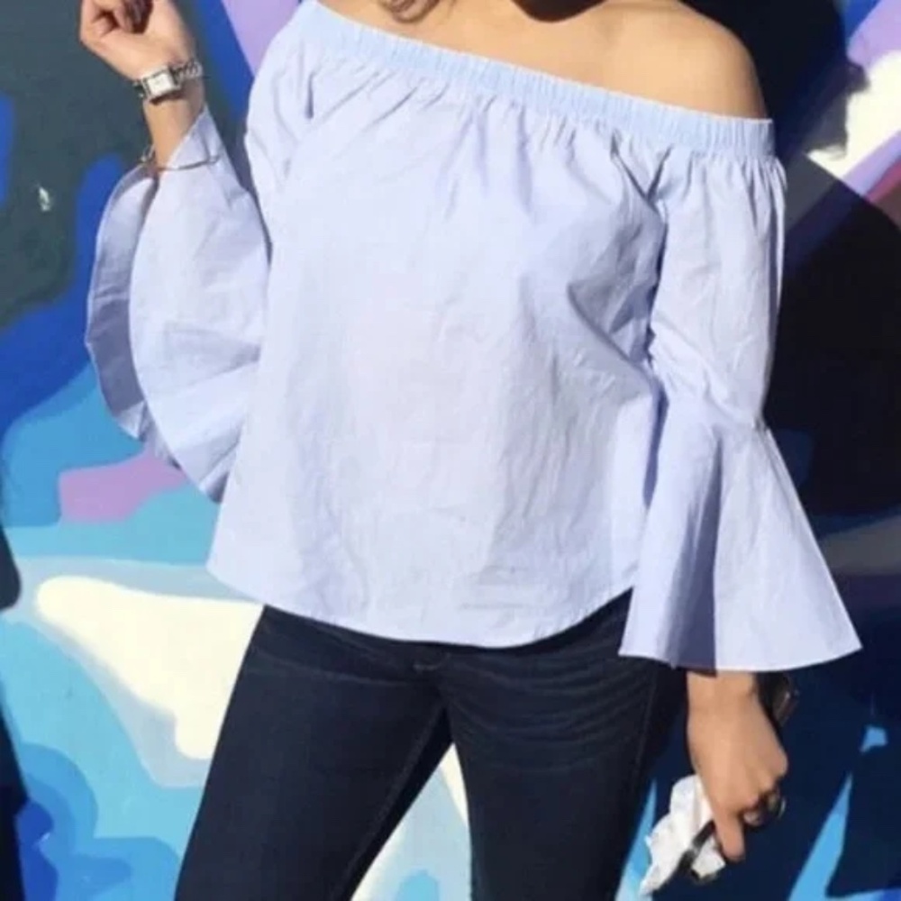 Forever 21 Blue Pinstripe Off the Shoulder Long Sleeves Blouse Women Size M